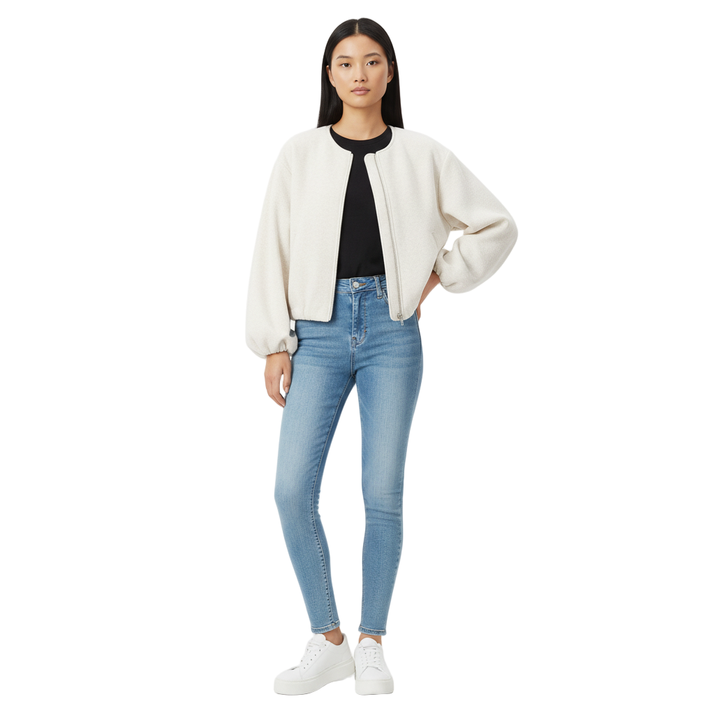 Cropped Faux Wool Bomber Jacket