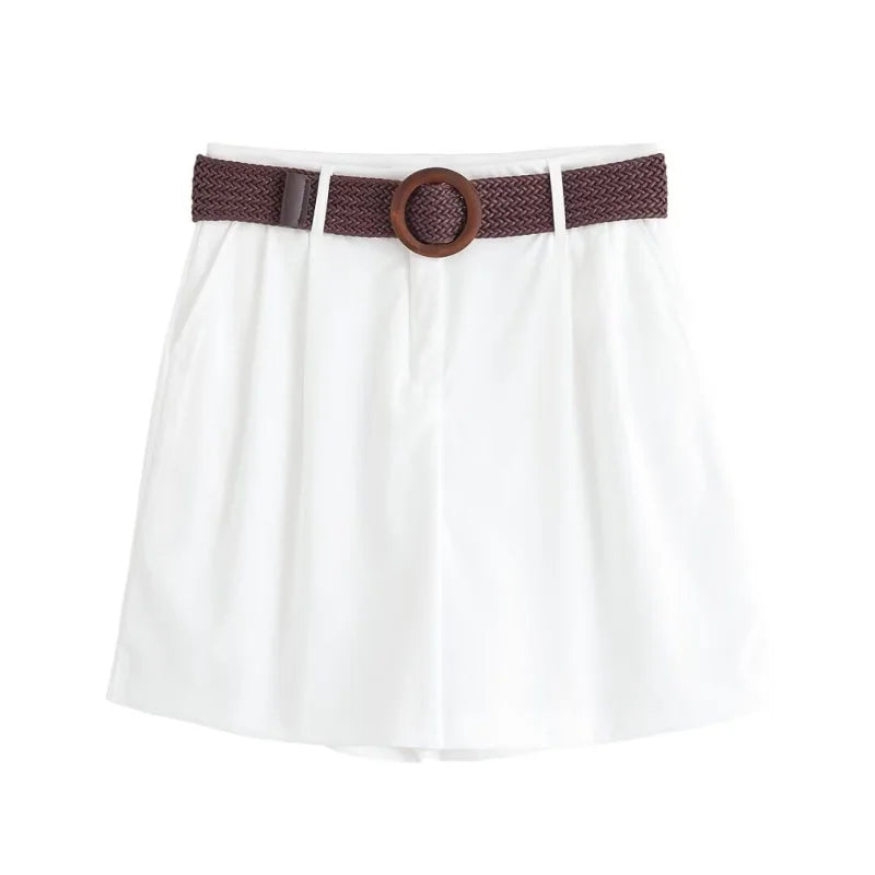 ETJ 2025 summer new TRAF women's casual holiday style fashion with belt loose version pleat five points casual shorts
