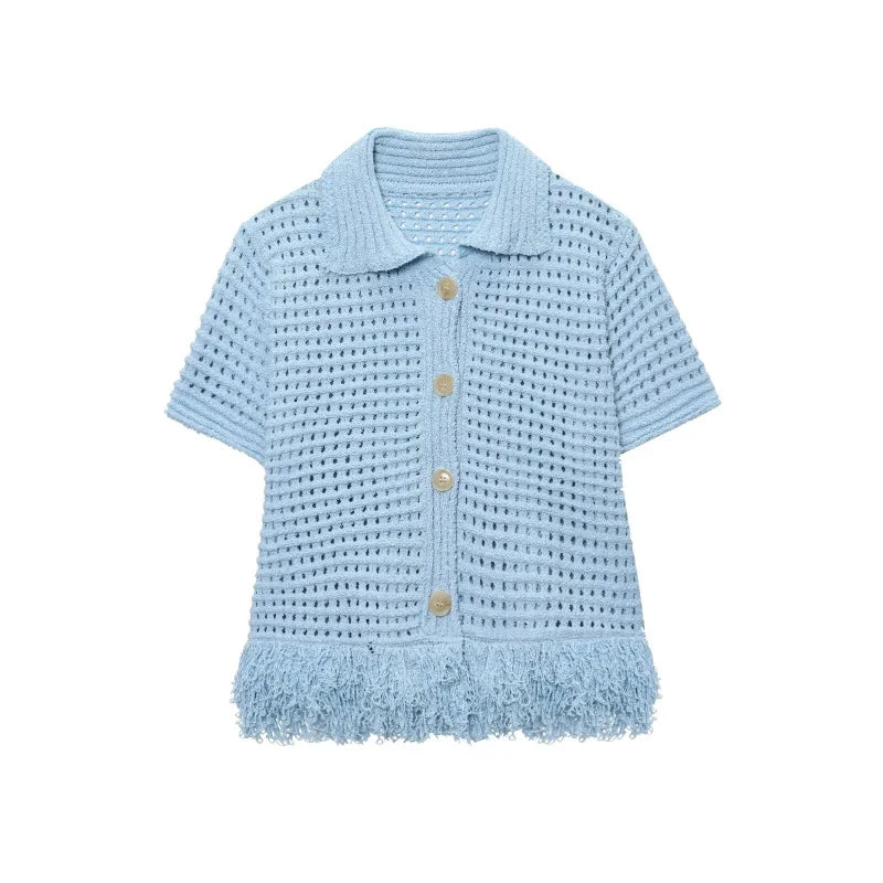 ETJ 2025 TRAF women's elegant fashion tassel embellished check hollow knit short sleeve blouse & short skirt multi-color options