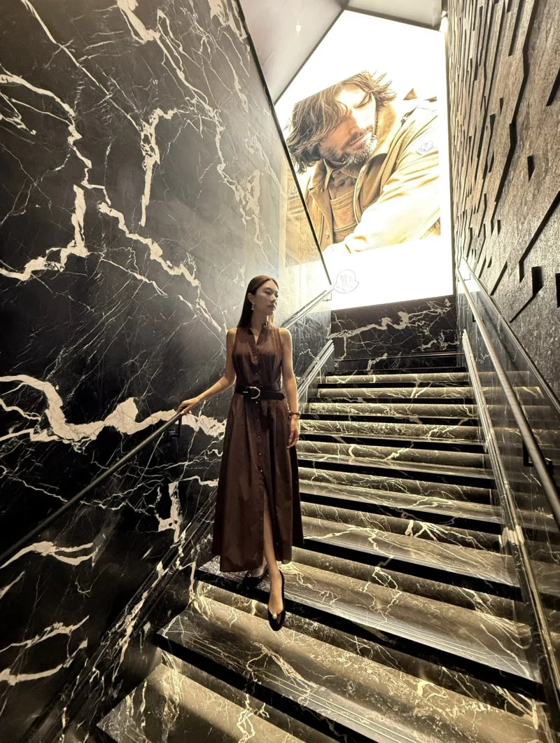 ETJ spring/summer 2025 product TRAF couture elegant fashion A word version match chatelaine v-neck sleeveless poplin MIDI dress