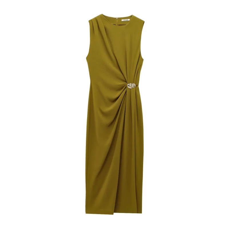 ETJ 2025 TRAF Women's New dress Fashion elegant pleated embellished round neck sleeveless slit MIDI dress