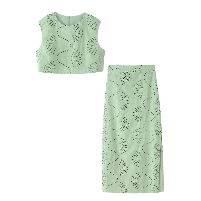 ETJ 2025 new  women's elegant and gentle hollow embroidery round neck jacket & high waist slit skirt fashion casual suit