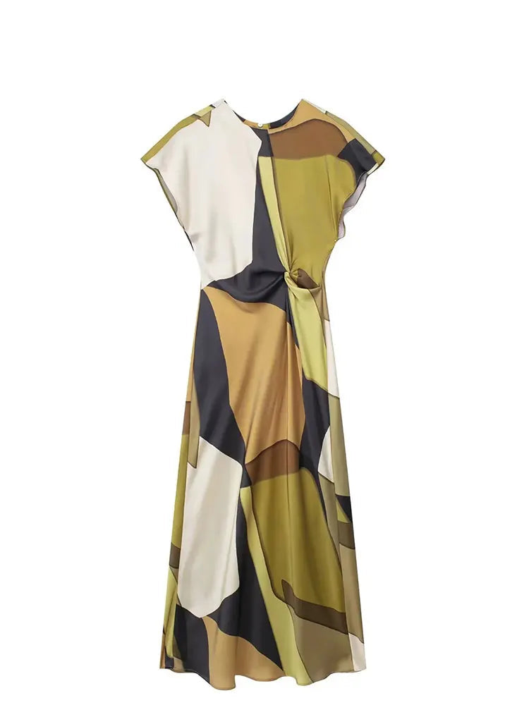 Vintage Print O-Neck Midi Dress