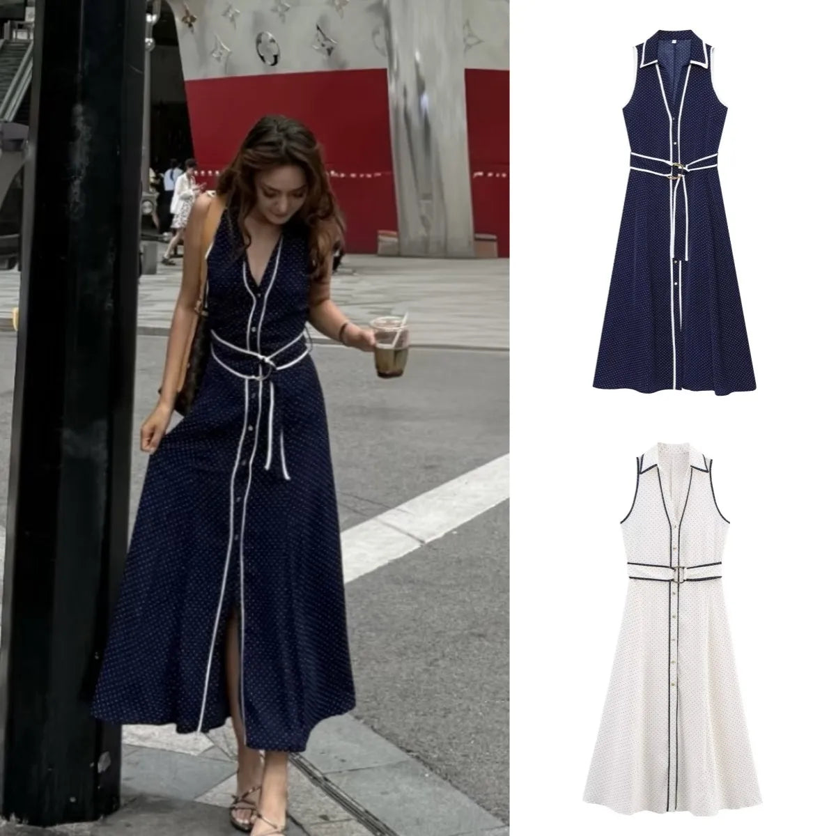 ETJ 2025 TRAF women's new dress fashion contrast color bag edge polka print lapel belt A-line version sleeveless dress