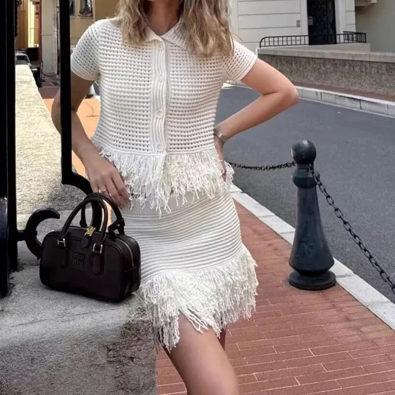 ETJ 2025 TRAF women's elegant fashion tassel embellished check hollow knit short sleeve blouse & short skirt multi-color options