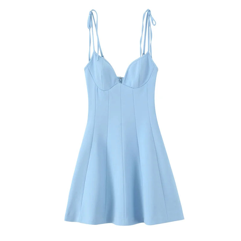 ETJ 2025 Summer new TRAF women's fashion and sexy V-neck floral printed poplin French adjustable lace-up dress