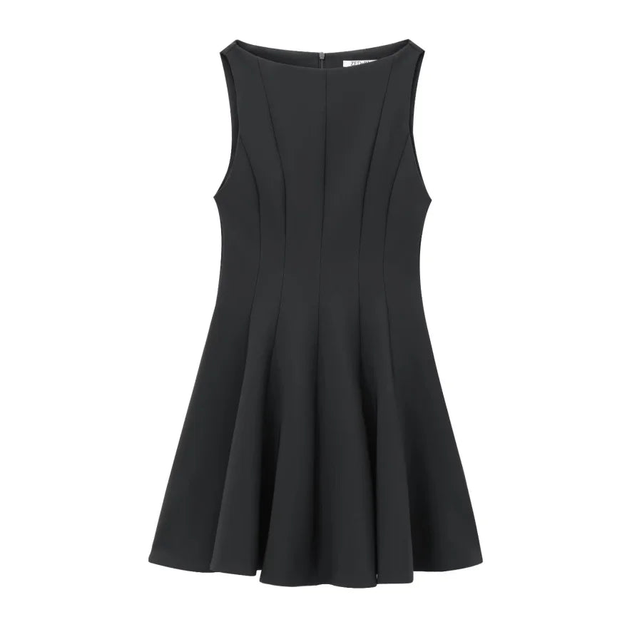 ETJ2024 Autumn/Winter New TRAF women's elegant sexy wide swing waist sleeveless boat neck short dress Little black dress 3067230