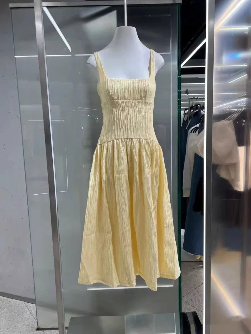 ETJ 2025 TRAF Summer New women's fashion pleated texture fabric sexy U-shaped backless sleeveless MIDI dress