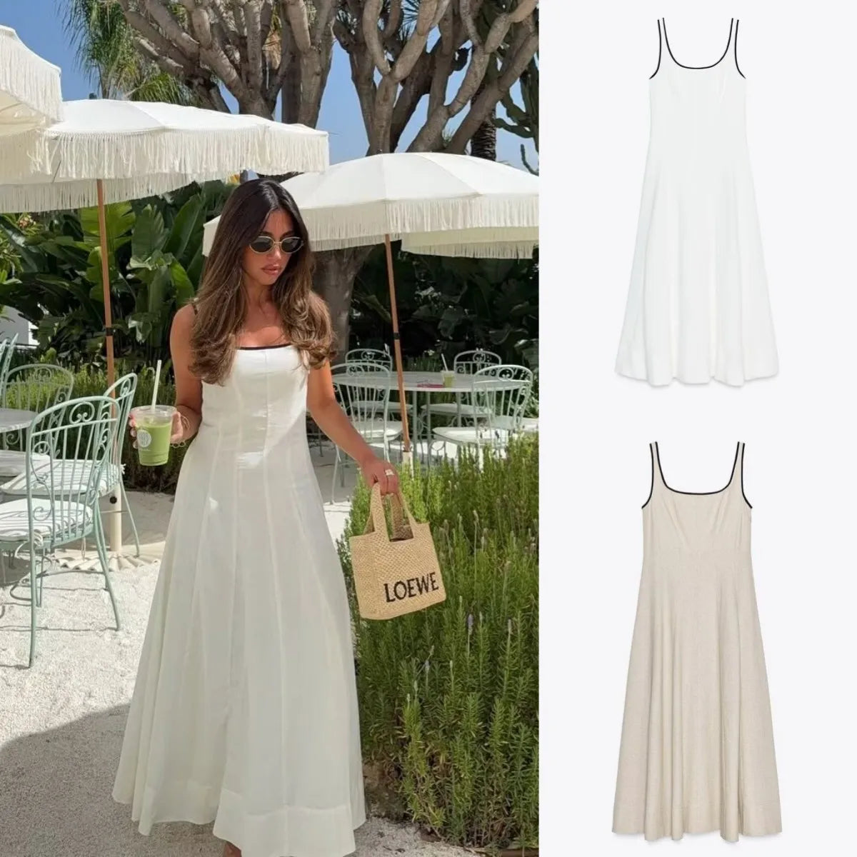 ETJ 2025 TRAF summer new contrast-color trim A-line version of elegant matching MIDI tank top dress