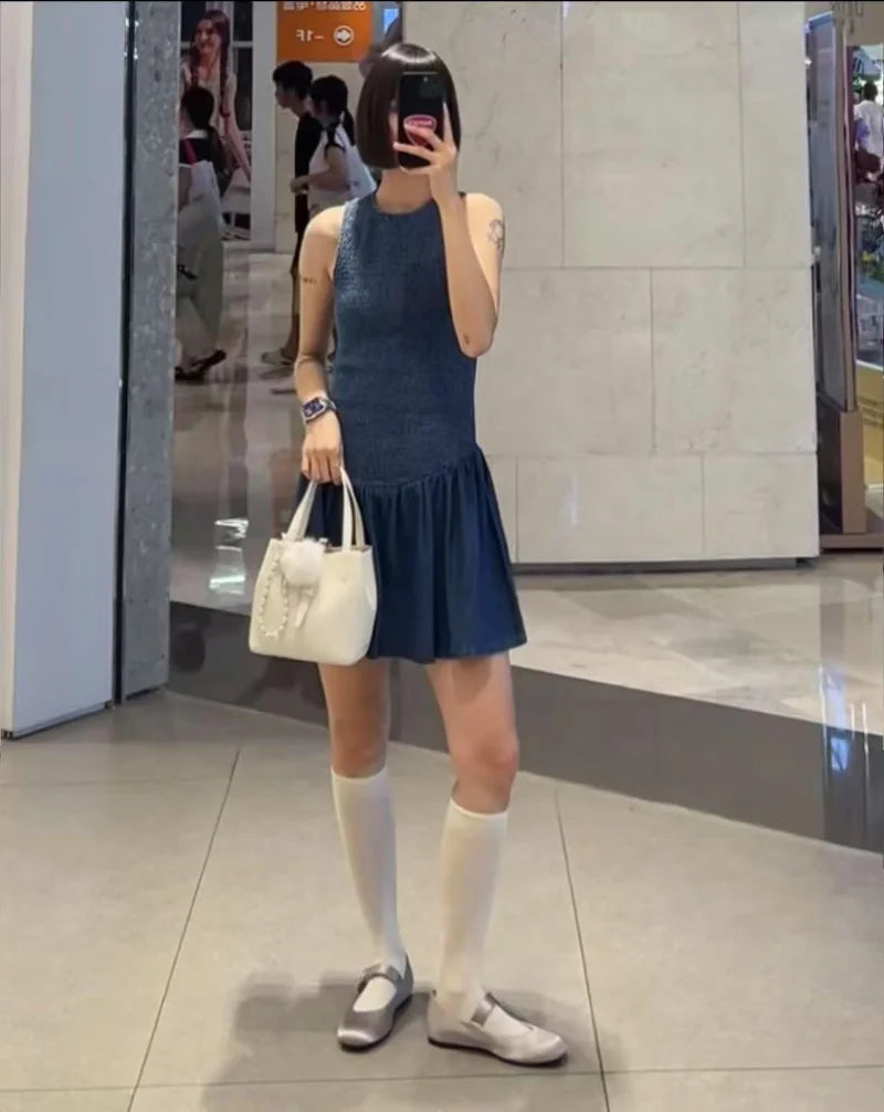 ETJ 2025 TRAF Women's Summer new fashion honeycomb temperament slim sleeveless round neck short dress