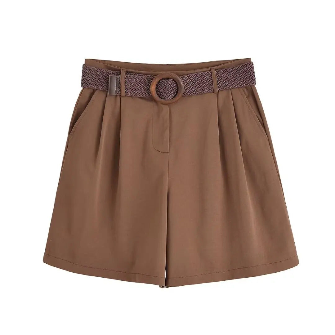 ETJ 2025 summer new TRAF women's casual holiday style fashion with belt loose version pleat five points casual shorts