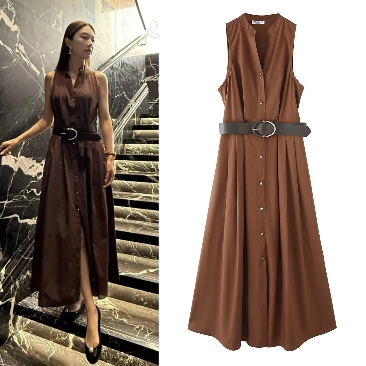 ETJ spring/summer 2025 product TRAF couture elegant fashion A word version match chatelaine v-neck sleeveless poplin MIDI dress
