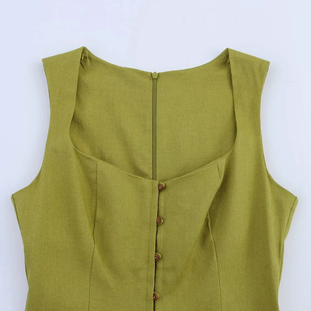 ETJ 2025 summer new TRAF women's fashion sleeveless square collar multi-button decorative temperament simple MIDI dress