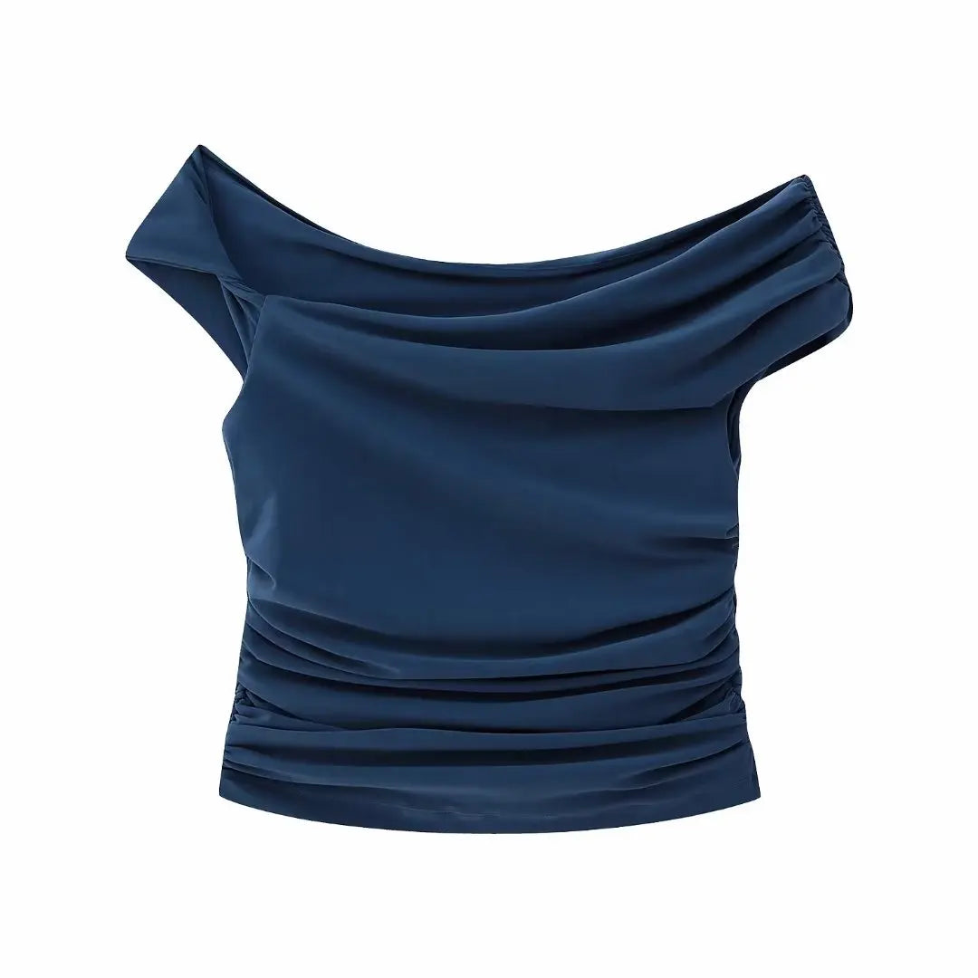 MUJER Pleated Crop Top Women Off houlder Ruched Top Female Sexy Sleeveless Tops for Woman Fashion Streetwear Asymmetric Tops