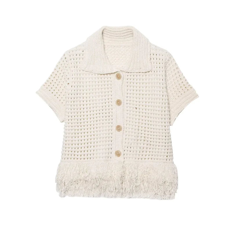 ETJ 2025 TRAF women's elegant fashion tassel embellished check hollow knit short sleeve blouse & short skirt multi-color options