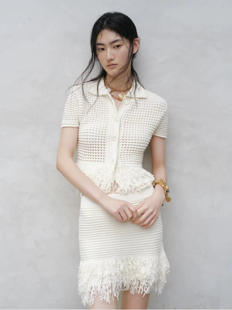 ETJ 2025 TRAF women's elegant fashion tassel embellished check hollow knit short sleeve blouse & short skirt multi-color options