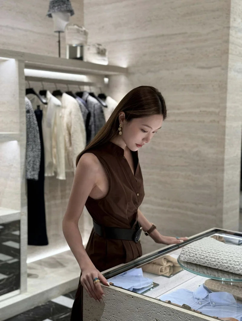 ETJ spring/summer 2025 product TRAF couture elegant fashion A word version match chatelaine v-neck sleeveless poplin MIDI dress