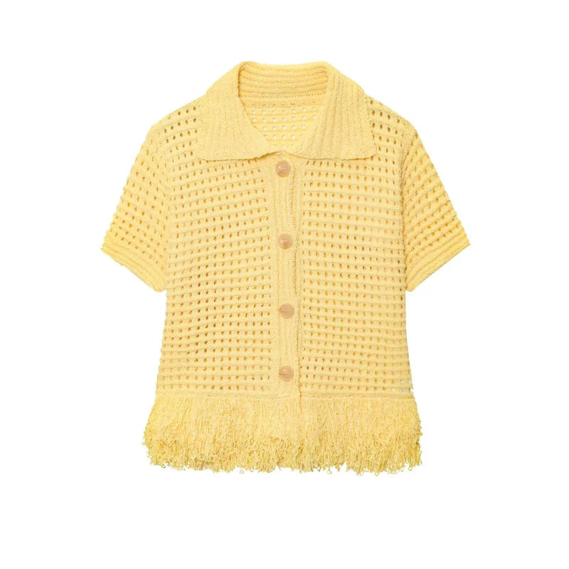 ETJ 2025 TRAF women's elegant fashion tassel embellished check hollow knit short sleeve blouse & short skirt multi-color options