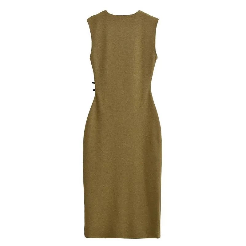 MUJER Pleated Midi Dresses for Women Sleeveless Long Dress Woman Spring Vintage Party Womens Dresses Buckle Office Women's Dress