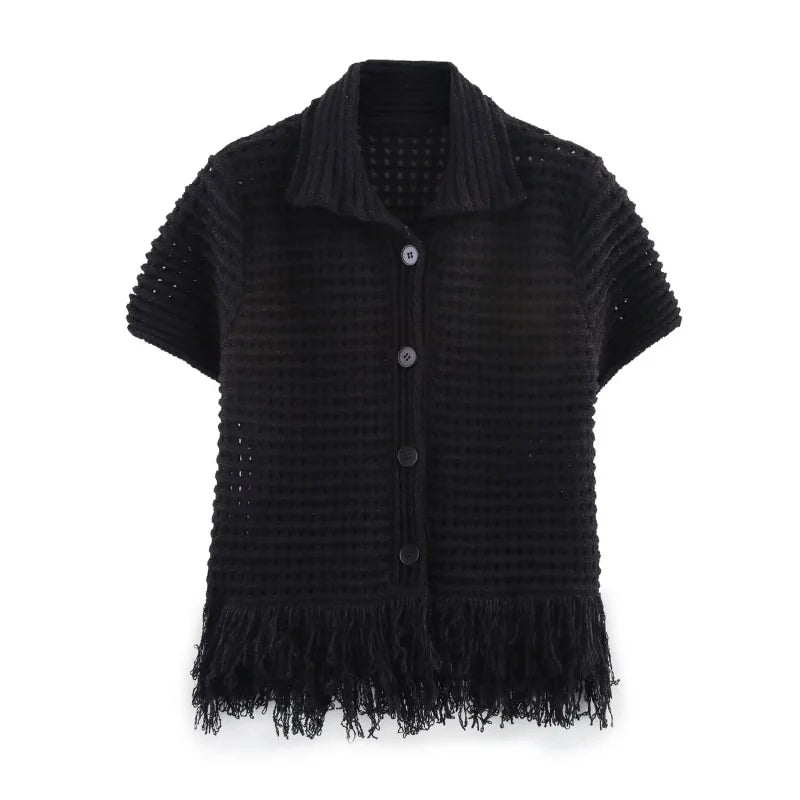 ETJ 2025 TRAF women's elegant fashion tassel embellished check hollow knit short sleeve blouse & short skirt multi-color options