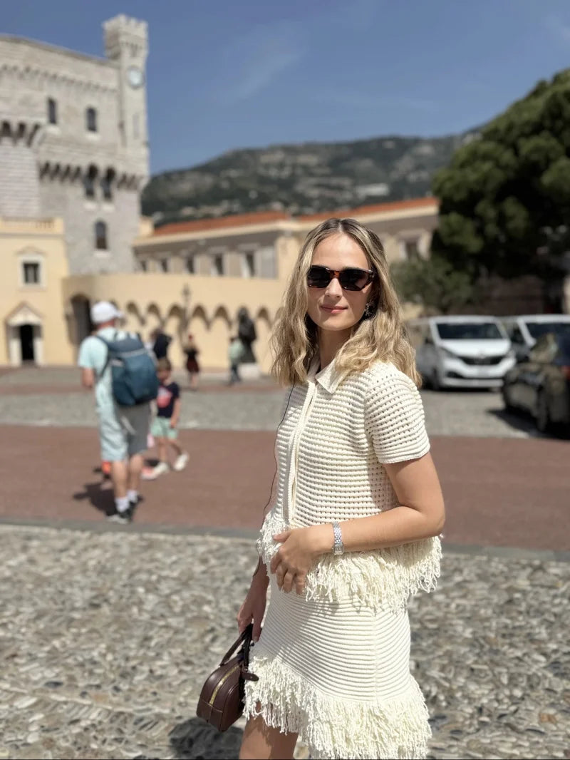 ETJ 2025 TRAF women's elegant fashion tassel embellished check hollow knit short sleeve blouse & short skirt multi-color options