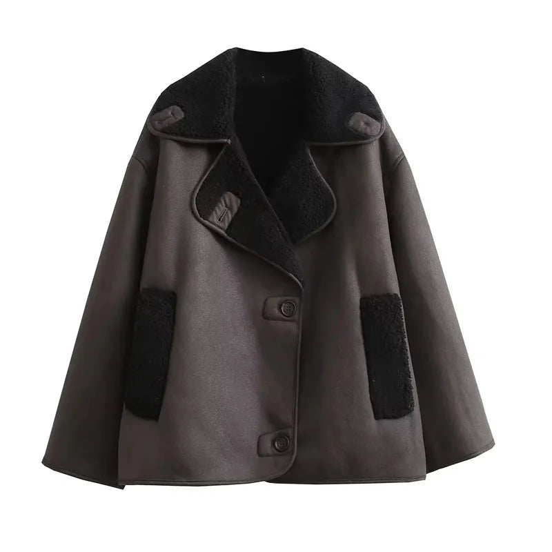 Dark Brown Shearling Button Jacket
