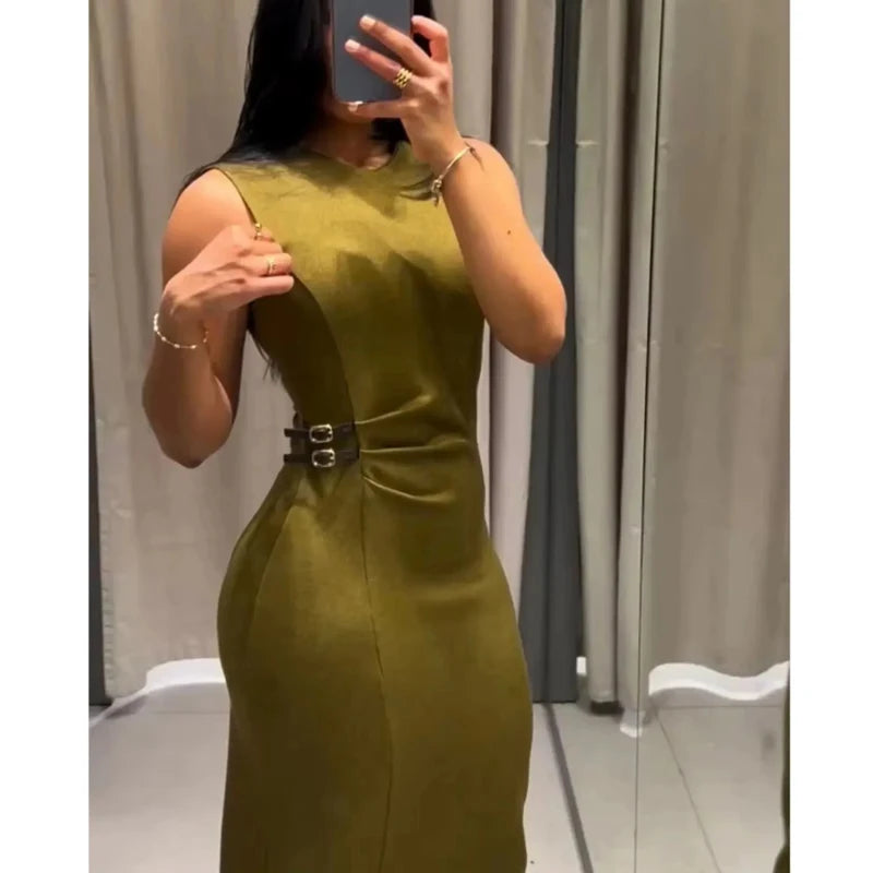 MUJER Pleated Midi Dresses for Women Sleeveless Long Dress Woman Spring Vintage Party Womens Dresses Buckle Office Women's Dress