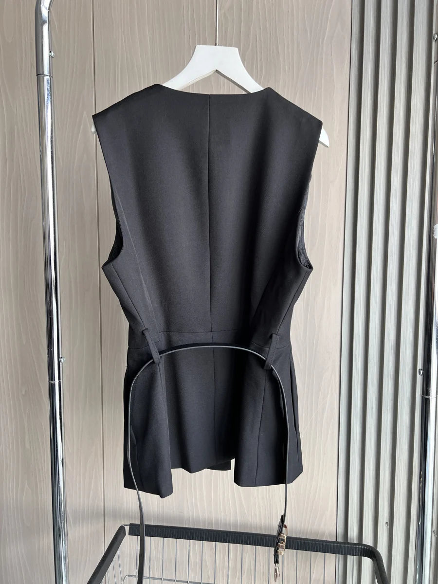 Long Belted Waistcoat Traf 2024 Fall/Winter New Arrival Fashionable Round Neck Sleeveless Vest Top for Women 9300525