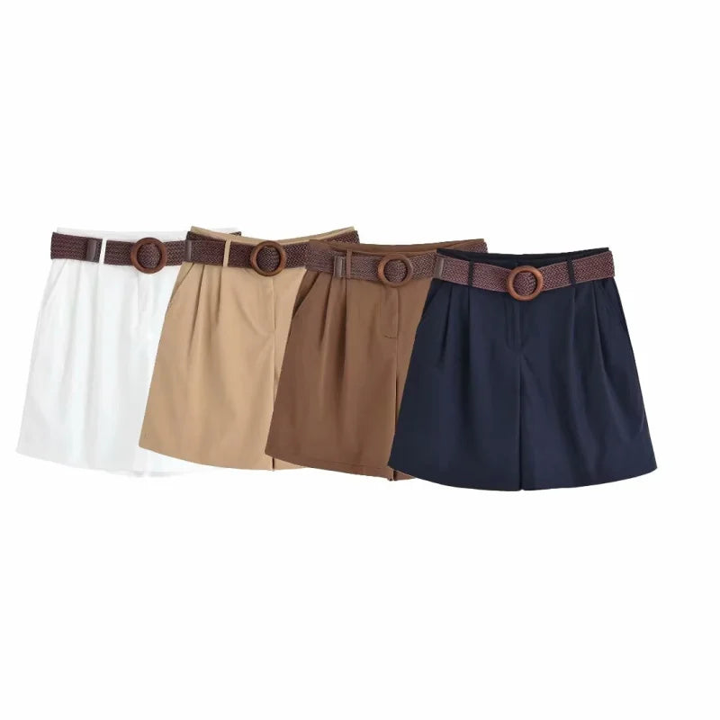 ETJ 2025 summer new TRAF women's casual holiday style fashion with belt loose version pleat five points casual shorts