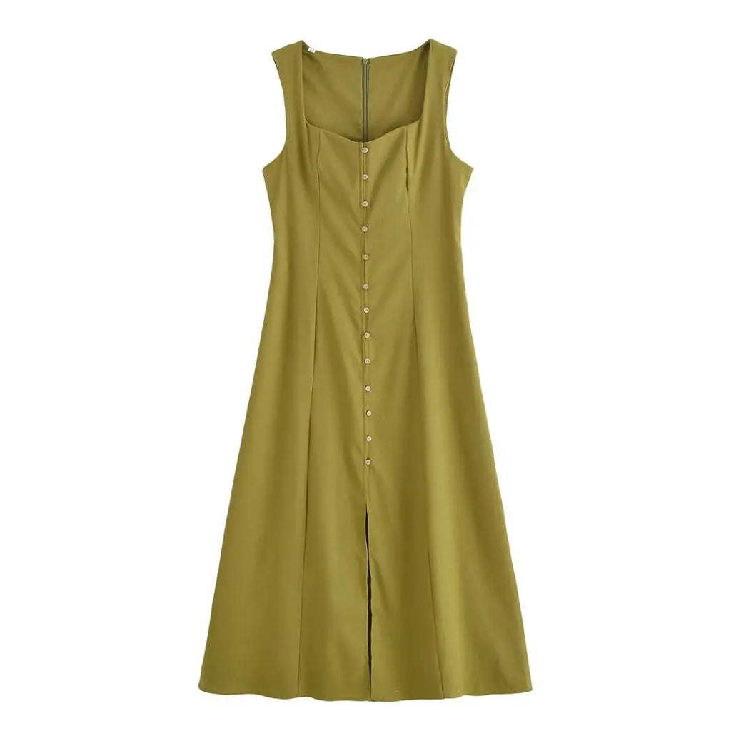 ETJ 2025 summer new TRAF women's fashion sleeveless square collar multi-button decorative temperament simple MIDI dress