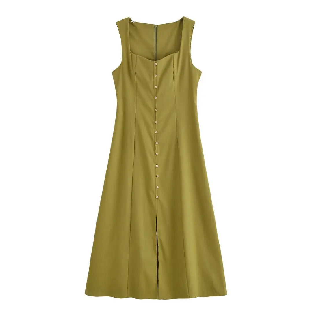 ETJ 2025 summer new TRAF women's fashion sleeveless square collar multi-button decorative temperament simple MIDI dress