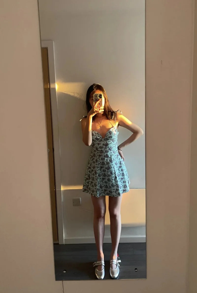 ETJ 2025 Summer new TRAF women's fashion and sexy V-neck floral printed poplin French adjustable lace-up dress