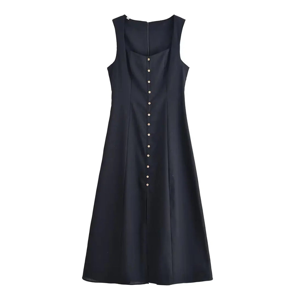 ETJ 2025 summer new TRAF women's fashion sleeveless square collar multi-button decorative temperament simple MIDI dress