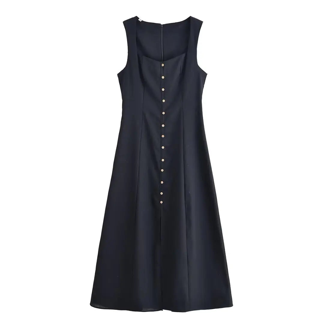 ETJ 2025 summer new TRAF women's fashion sleeveless square collar multi-button decorative temperament simple MIDI dress
