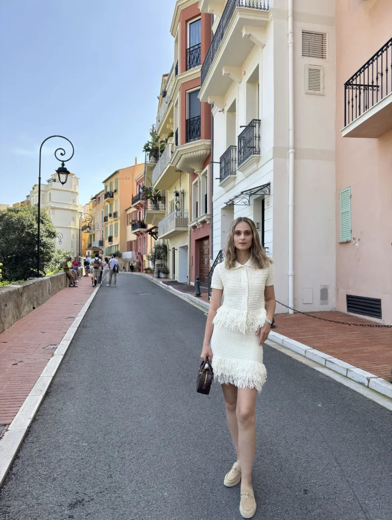 ETJ 2025 TRAF women's elegant fashion tassel embellished check hollow knit short sleeve blouse & short skirt multi-color options