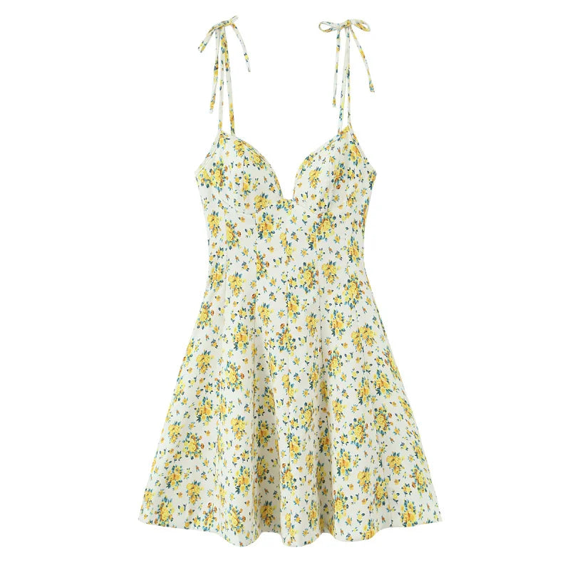 ETJ 2025 Summer new TRAF women's fashion and sexy V-neck floral printed poplin French adjustable lace-up dress