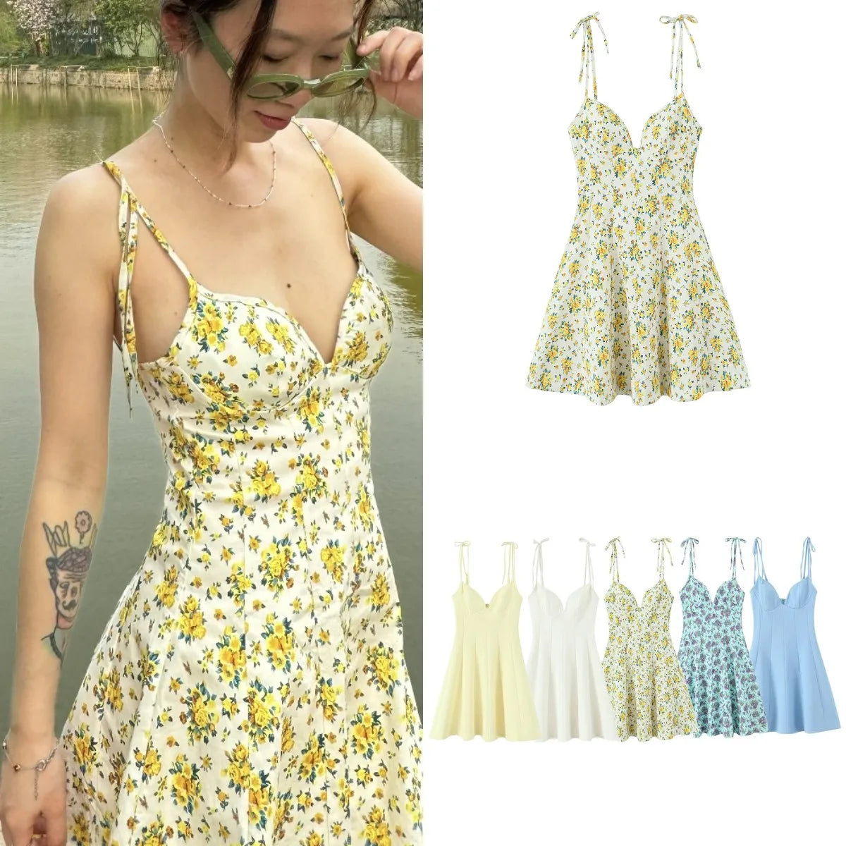 ETJ 2025 Summer new TRAF women's fashion and sexy V-neck floral printed poplin French adjustable lace-up dress