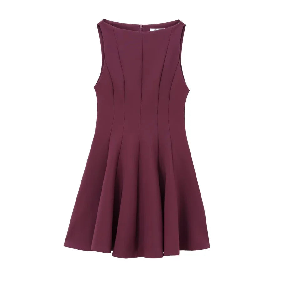 ETJ2024 Autumn/Winter New TRAF women's elegant sexy wide swing waist sleeveless boat neck short dress Little black dress 3067230