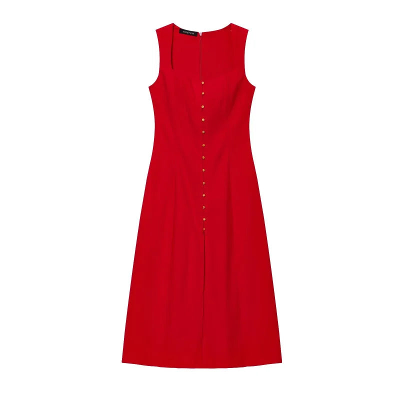 ETJ 2025 summer new TRAF women's fashion sleeveless square collar multi-button decorative temperament simple MIDI dress