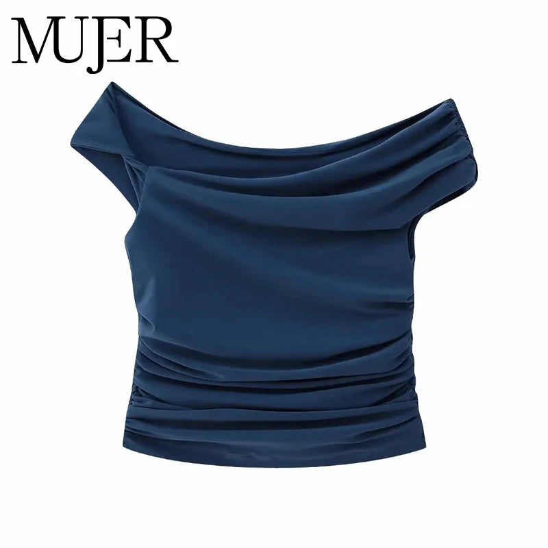 MUJER Pleated Crop Top Women Off houlder Ruched Top Female Sexy Sleeveless Tops for Woman Fashion Streetwear Asymmetric Tops