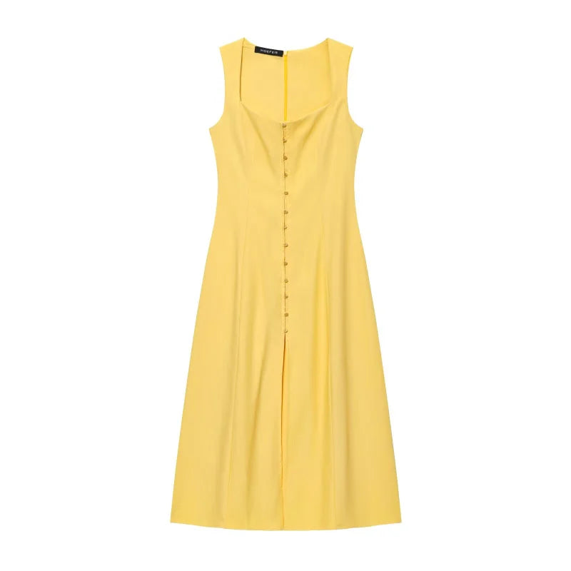 ETJ 2025 summer new TRAF women's fashion sleeveless square collar multi-button decorative temperament simple MIDI dress