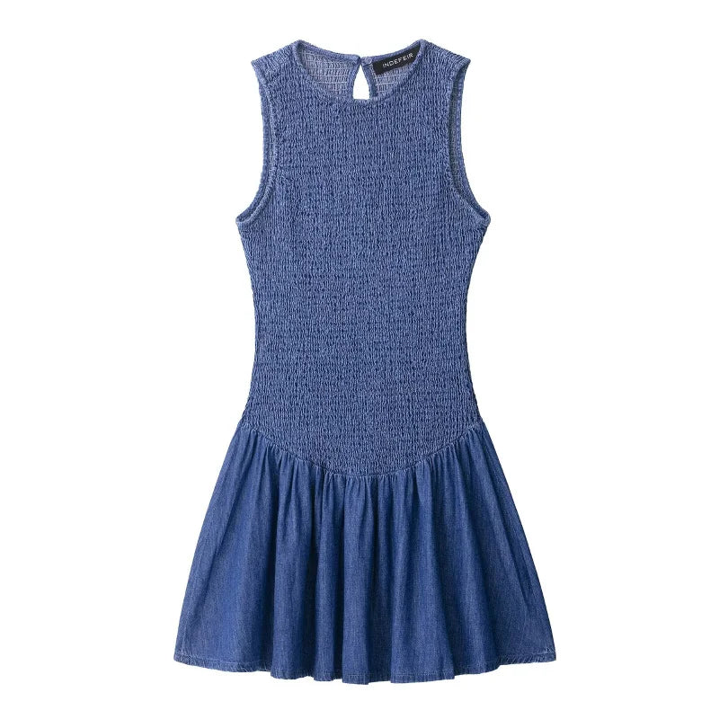 ETJ 2025 TRAF Women's Summer new fashion honeycomb temperament slim sleeveless round neck short dress