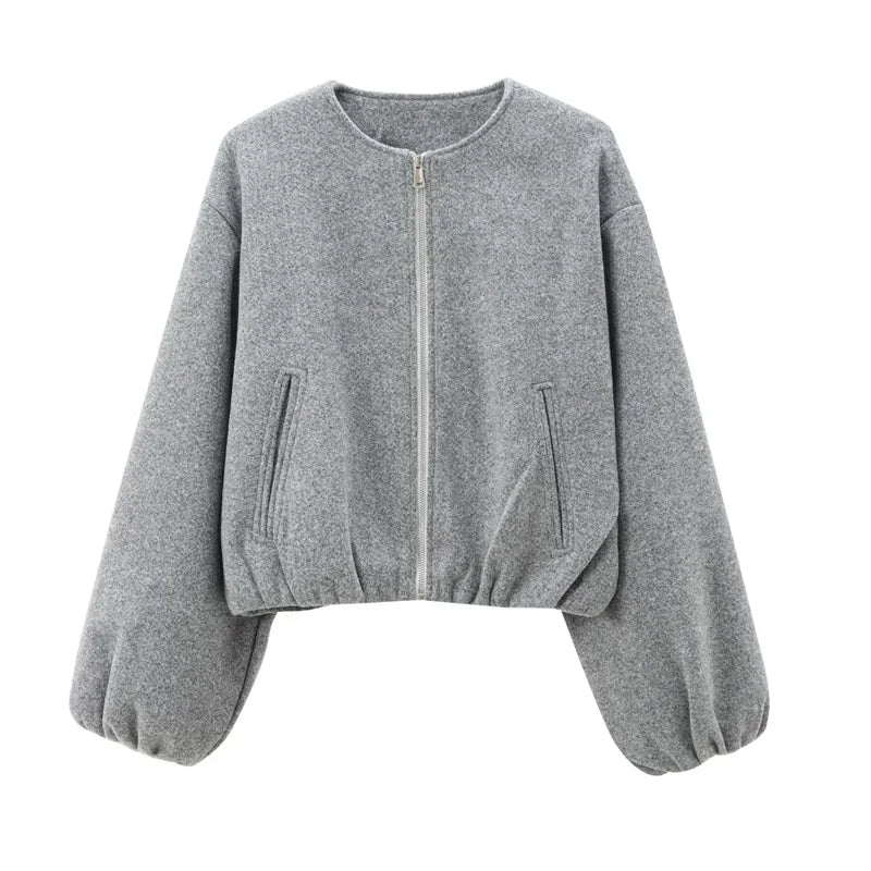 Cropped Faux Wool Bomber Jacket