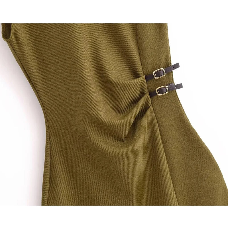 MUJER Pleated Midi Dresses for Women Sleeveless Long Dress Woman Spring Vintage Party Womens Dresses Buckle Office Women's Dress