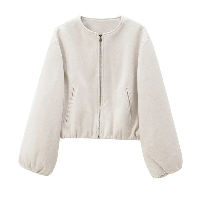 Cropped Faux Wool Bomber Jacket