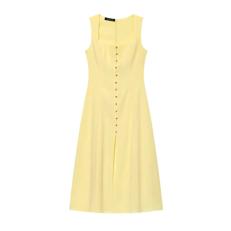 ETJ 2025 summer new TRAF women's fashion sleeveless square collar multi-button decorative temperament simple MIDI dress