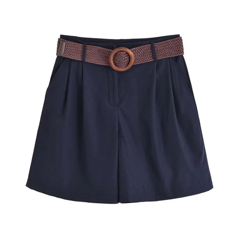 ETJ 2025 summer new TRAF women's casual holiday style fashion with belt loose version pleat five points casual shorts