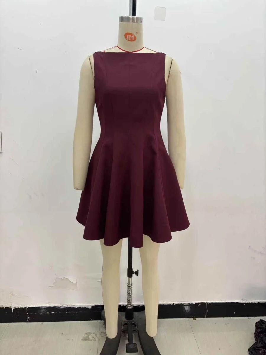 ETJ2024 Autumn/Winter New TRAF women's elegant sexy wide swing waist sleeveless boat neck short dress Little black dress 3067230