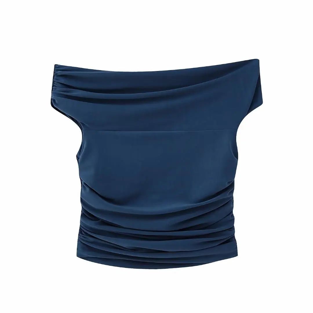 MUJER Pleated Crop Top Women Off houlder Ruched Top Female Sexy Sleeveless Tops for Woman Fashion Streetwear Asymmetric Tops