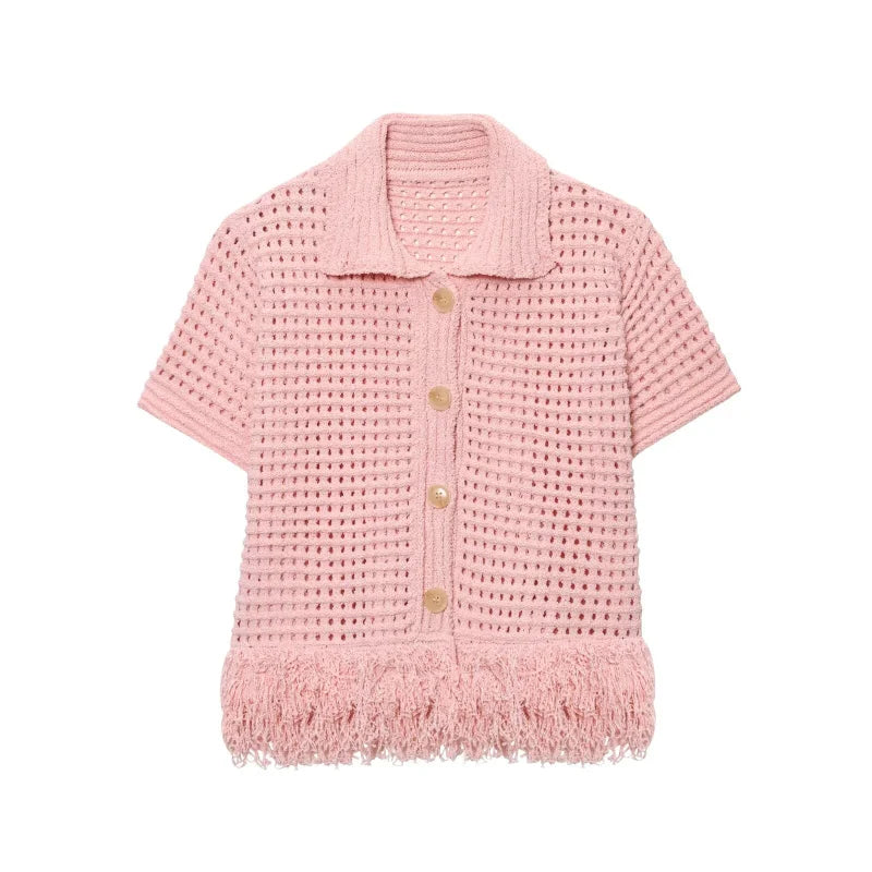 ETJ 2025 TRAF women's elegant fashion tassel embellished check hollow knit short sleeve blouse & short skirt multi-color options